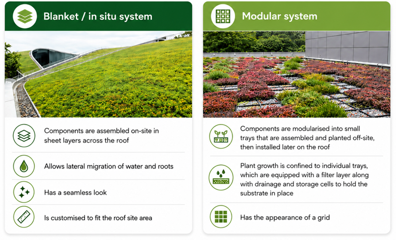 Comparison chart of two green roof systems: blanket with grass slope and modular with tray-based plant grid.